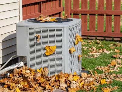 an AC unit sits among the fall leaves