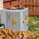 an AC unit sits among the fall leaves